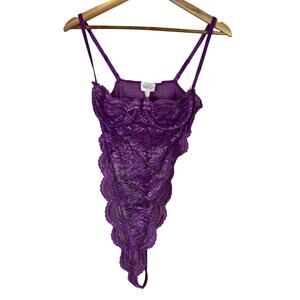 Vintage Delicates Lace Bodysuit Womens 36B Purple Sheer Scalloped Lingerie Y2K